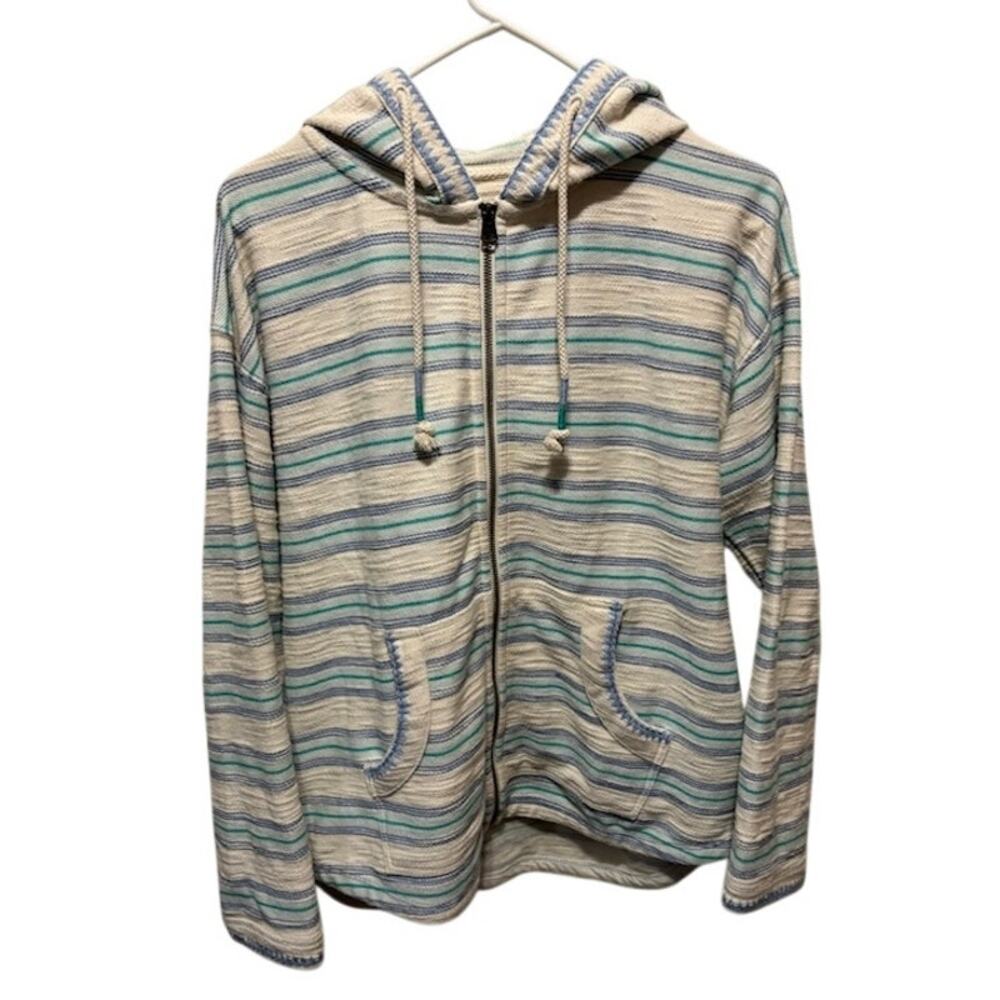 Women's FatFace Homespun Zip Through Hoodie Blue White Striped Pockets Size M